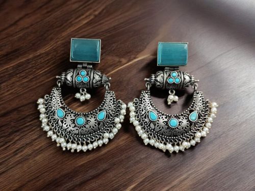 Silver Replica Chandbali Earrings - Square Stone Stud Dangler Earring