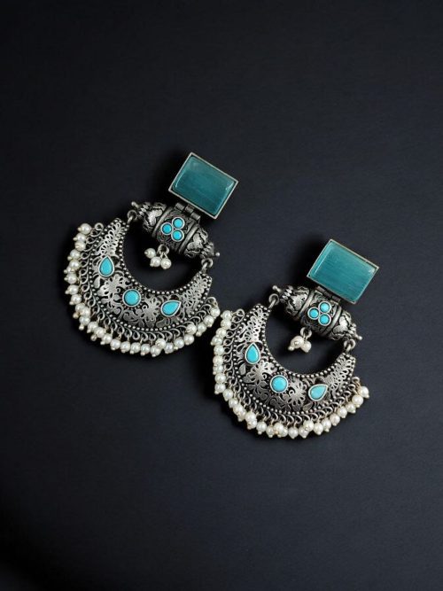 Silver Replica Chandbali Earrings - Square Stone Stud Dangler Earring