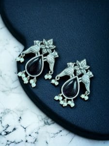 Premium Stone Jewelry | Silver Look Oxidized Bird Inspire Affordable Stud Earrings - Color: "Purple"