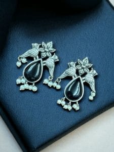 Premium Stone Jewelry | Silver Look Oxidized Bird Inspire Affordable Stud Earrings - Color: "Black"