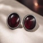 Simple Oxidised Silver Replica Stone Stud Earrings (Silver Look aLike Jewelry) - "Red"