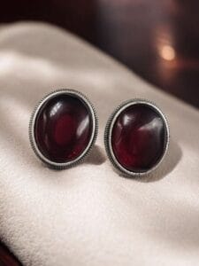 Simple Oxidised Silver Replica Stone Stud Earrings (Silver Look aLike Jewelry) - Color: "Red"