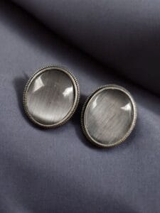Simple Oxidised Silver Replica Stone Stud Earrings (Silver Look aLike Jewelry) - Color: "Grey"