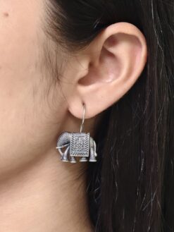 Oxidized Elephant Earrings - Silver Look Dailywear Hook Earring