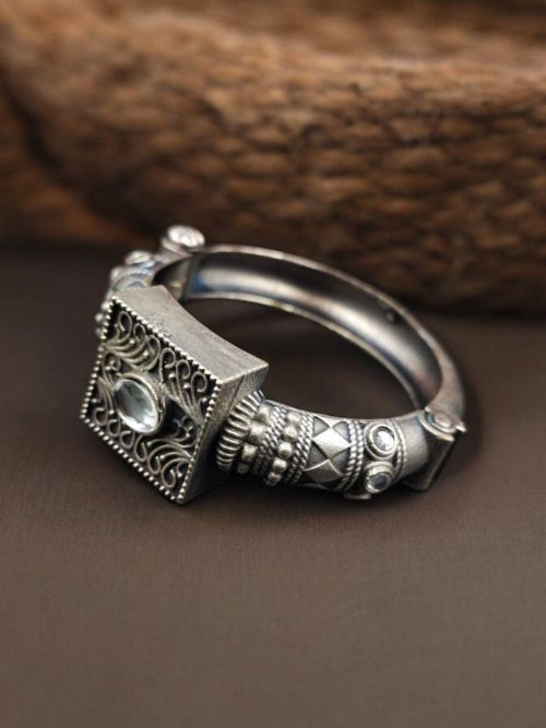 Silver Look Bangle | Free Size Openable Kada | Oxidized Bracelet
