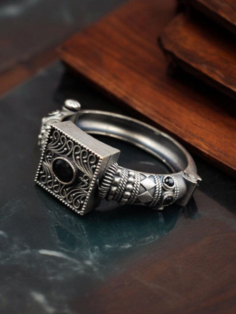 Silver Look Bangle | Free Size Openable Kada | Oxidized Bracelet