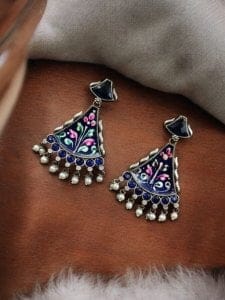 Colorful Hand-Painted Earrings With Monalisa Stone | Best Handcrafted Jewelry - Color: "Blue"