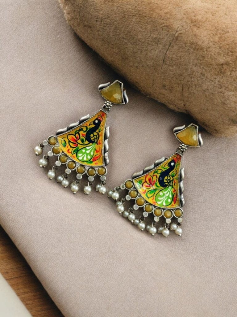 Bulk 222 Colorful Hand-Painted Earrings With Monalisa Stone | Best Handcrafted Jewelry - "Yellow"