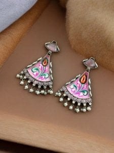 Colorful Hand-Painted Earrings With Monalisa Stone | Best Handcrafted Jewelry - Color: "Babypink"