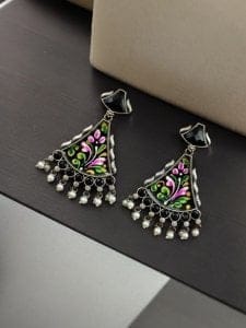Colorful Hand-Painted Earrings With Monalisa Stone | Best Handcrafted Jewelry - Color: "Black"