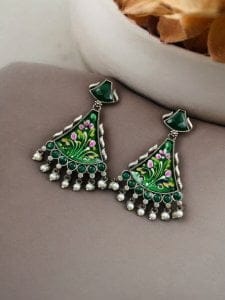 Colorful Hand-Painted Earrings With Monalisa Stone | Best Handcrafted Jewelry - Color: "Green"