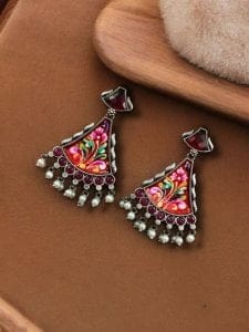 Colorful Hand-Painted Earrings With Monalisa Stone | Best Handcrafted Jewelry - Color: "Red"