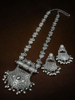 Silver Replica Necklace Set | Oxidized Long Haram Necklaces For Girls