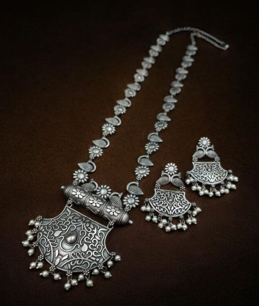Bulk 202 Silver Replica Necklace Set | Oxidized Long Haram Necklaces For Girls
