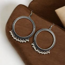 Oxidized Circle Hoop Earrings | Light Weight Silver Plated Jewelry
