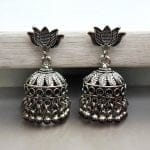 Oxidised Lotus Jhumka Earrings | Silver Plated Dangler Jhumki For Girls