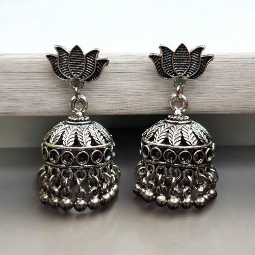 Oxidised Lotus Jhumka Earrings | Silver Plated Dangler Jhumki For Girls