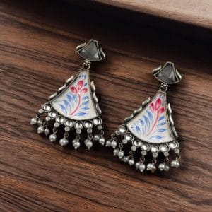 Colorful Hand-Painted Earrings With Monalisa Stone | Best Handcrafted Jewelry - Color: "White"