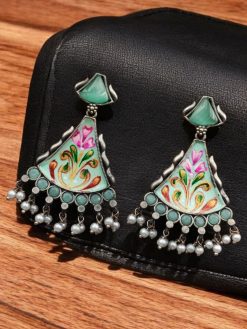 Coloful Hand-Painted Earrings With Monalisa Stone | Handcrafted Jewelry