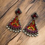 Colorful Hand-Painted Earrings With Monalisa Stone | Best Handcrafted Jewelry - "Red-Flower"