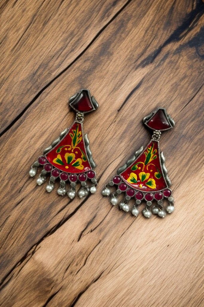 Bulk 214 Colorful Hand-Painted Earrings With Monalisa Stone | Best Handcrafted Jewelry - "Red-Flower"