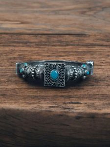 Silver Look Bangle | Free Size Openable Kada | Oxidized Bracelet - Color: "Aqua"