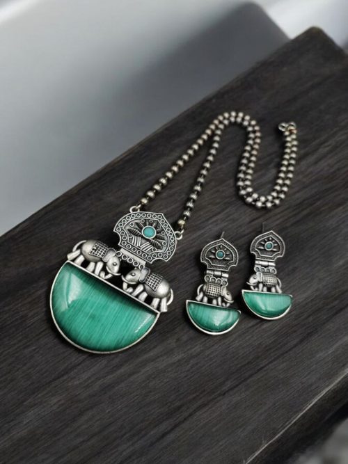 Silver Replica Elephant Necklace | Monalisa Stone Pendant Set