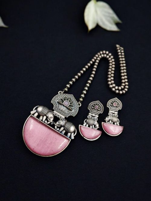 Silver Replica Elephant Necklace | Monalisa Stone Pendant Set