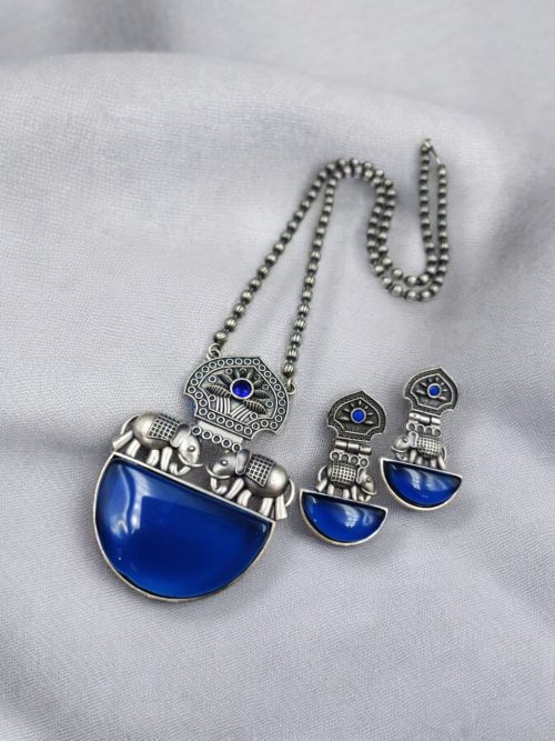 Silver Replica Elephant Necklace | Monalisa Stone Pendant Set