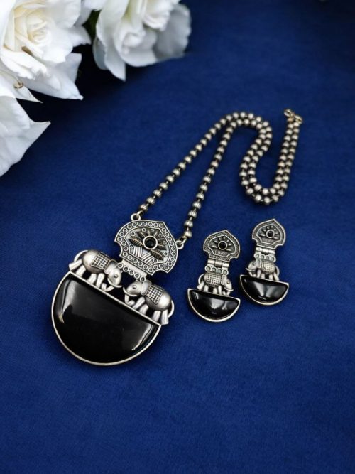 Silver Replica Elephant Necklace | Monalisa Stone Pendant Set