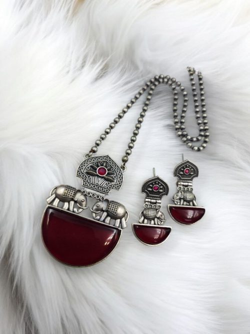 Silver Replica Elephant Necklace | Monalisa Stone Pendant Set