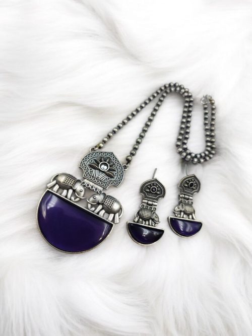 Silver Replica Elephant Necklace | Monalisa Stone Pendant Set