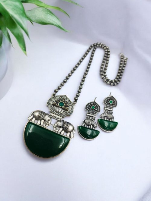 Silver Replica Elephant Necklace | Monalisa Stone Pendant Set