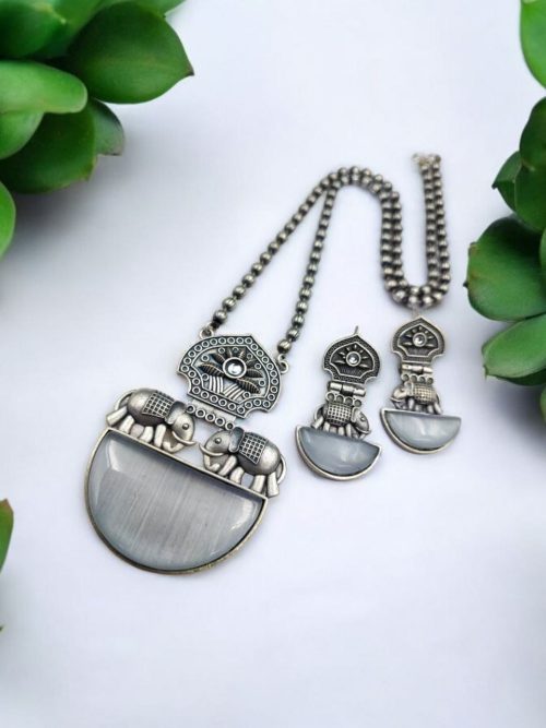 Silver Replica Elephant Necklace | Monalisa Stone Pendant Set