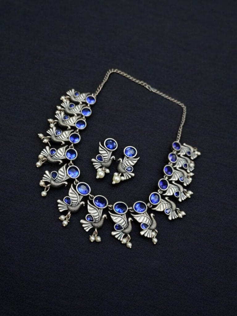 Bulk 594 Oxidised Bird Design Choker Necklace Set | Best Traditional Jaipur Jewelry - "Blue"