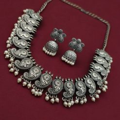 Traditional Oxidised Choker Necklace Set | Silver Replica Jewelry
