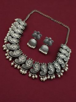 Traditional Oxidised Choker Necklace Set | Silver Replica Jewelry