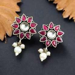 Silver Replica Flower Studs With Pearl Beads | Daily Wear Earrings