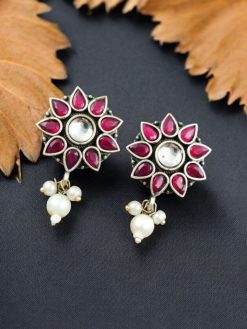 Silver Replica Flower Studs With Pearl Beads | Daily Wear Earrings