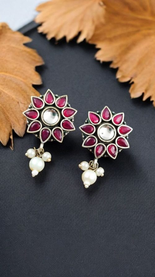 Silver Replica Flower Studs With Pearl Beads | Daily Wear Earrings