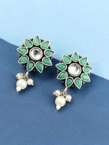 Silver Replica Flower Studs With Pearl Beads | Best Daily Wear Earrings - Color: "Mint"
