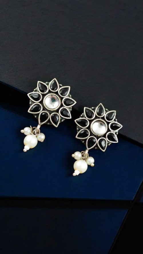 Silver Replica Flower Studs With Pearl Beads | Daily Wear Earrings