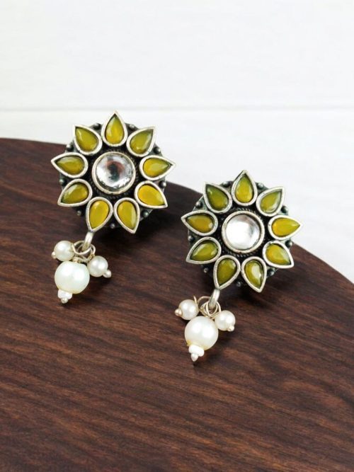 Silver Replica Flower Studs With Pearl Beads | Daily Wear Earrings