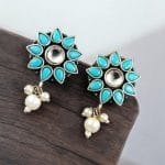 Silver Replica Flower Studs With Pearl Beads | Best Daily Wear Earrings - "Aqua"