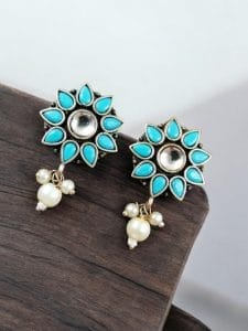 Silver Replica Flower Studs With Pearl Beads | Best Daily Wear Earrings - Color: "Aqua"