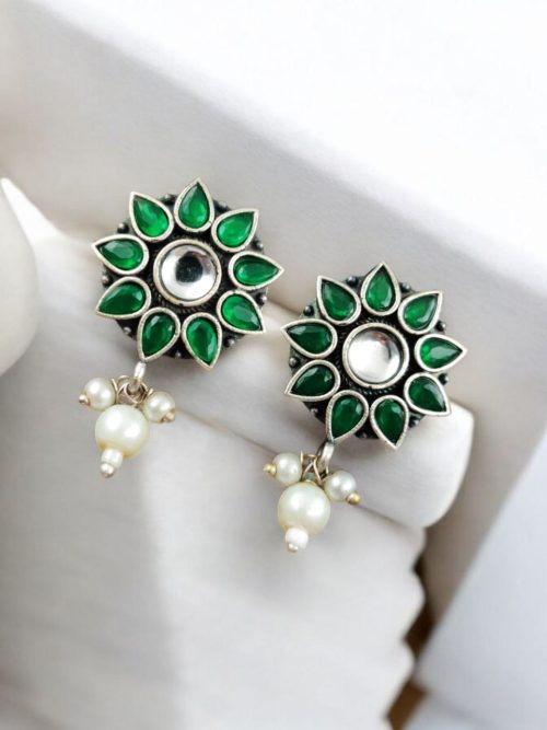 Silver Replica Flower Studs With Pearl Beads | Daily Wear Earrings