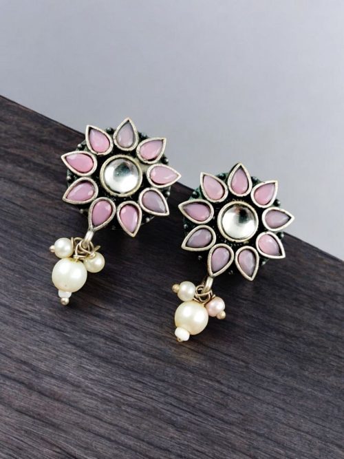 Silver Replica Flower Studs With Pearl Beads | Daily Wear Earrings