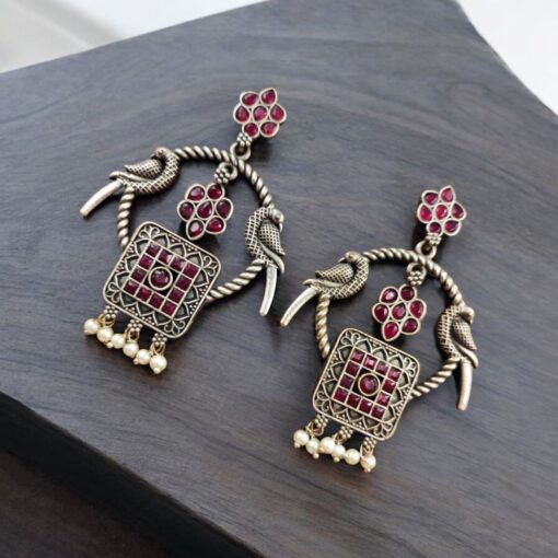Silver Replica Peacock Style Earrings | Traditional Dangler Stud Jewelry