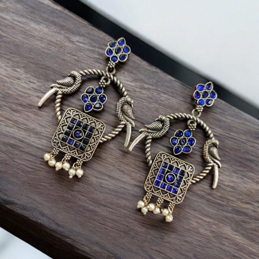 Bulk 564 Silver Replica Peacock Style Earrings | Adorable Traditional Dangler Stud Jewelry - "Blue"