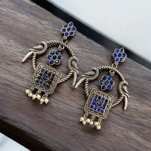 Silver Replica Peacock Style Earrings | Adorable Traditional Dangler Stud Jewelry - Color: "Blue"